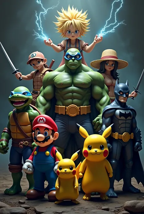 Super Mario, ein Super Sajajin, Raffael from the Ninja Turtles, monkey D.Ruffy, pikachu,  the hulk, He-Man and Batman in a group photo with a dark background, striking poses, all looking menacing.