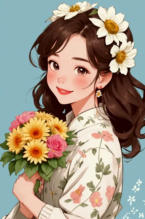 Detailed illustrations、A girl holding a detailed bouquet of flowers、whole body、smile、cute、Refreshing、Floral background