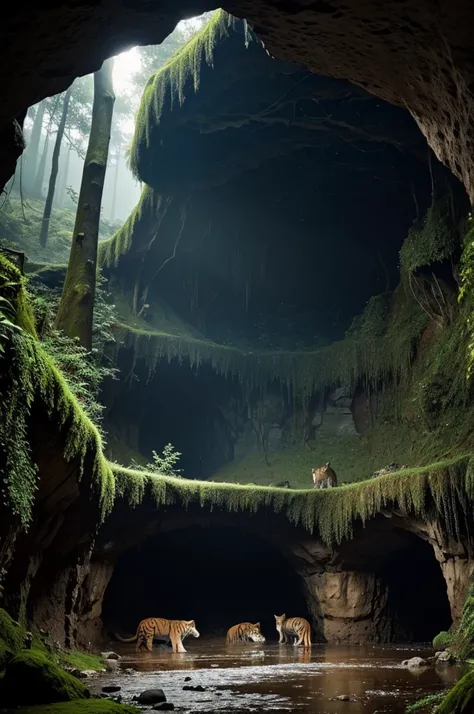 A cave with a forest and rain outside, and wolves and tigers inside.