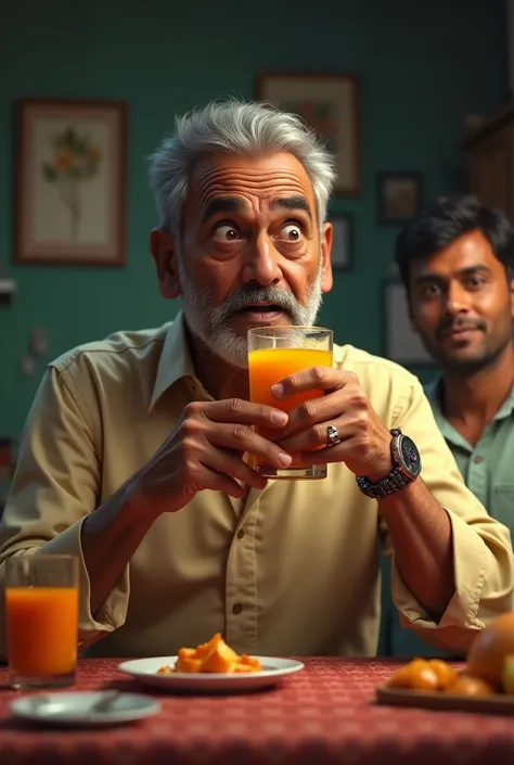 Mohan Shocked After Drinking Juice: Mohan, with a surprised and confused expression, is holding a glass near his lips, realizing that it is not alcohol but juice. The background shows the same modest room, with Ravi standing nearby, smiling slightly as he ...