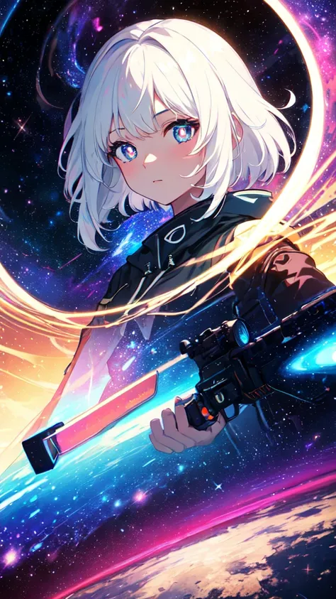 1girl, white hair, symbol-shaped pupils, space goddess, galaxy, light particles, light rays, wallpaper, high contrast, colorful,