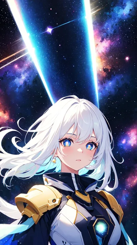 1girl, white hair, symbol-shaped pupils, space goddess, galaxy, light particles, light rays, wallpaper, high contrast, colorful,