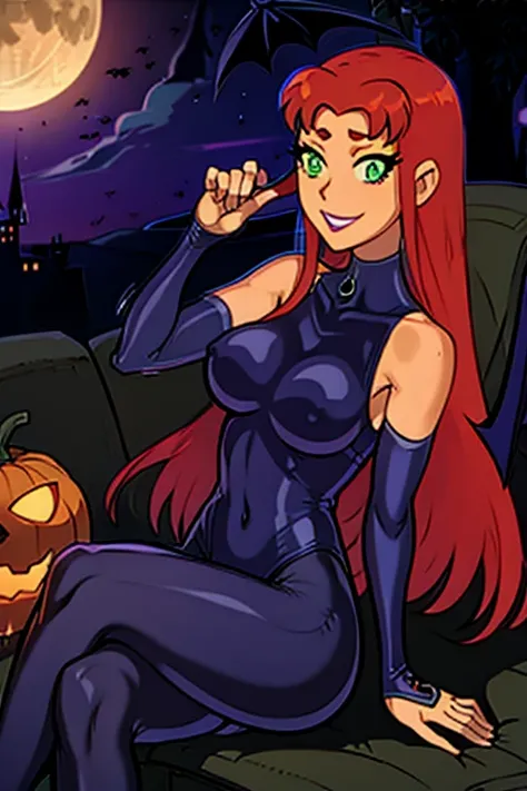 1girl, bat_print, Starfire, animal_print, breasts, print_legwear, pantyhose, head_wings, solo, wings, bat_(animal), leotard, long_hair, moon, night, orange_hair, heart_cutout, large_breasts, jack-o-lantern, clothing_cutout, full_moon, bat_wings, green_eyes...