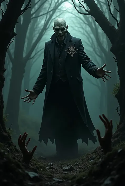 Terrifying man in a forest,in a black suit with satanic images,hands coming out of the ground 