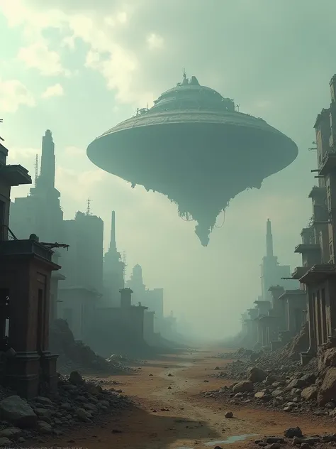 The camera pans over the remnants of human civilization, establishing the bleak aftermath of the war. Alien ships hover ominously above, casting long shadows. The world feels empty, with only the sound of the wind and occasional crumbling structures.