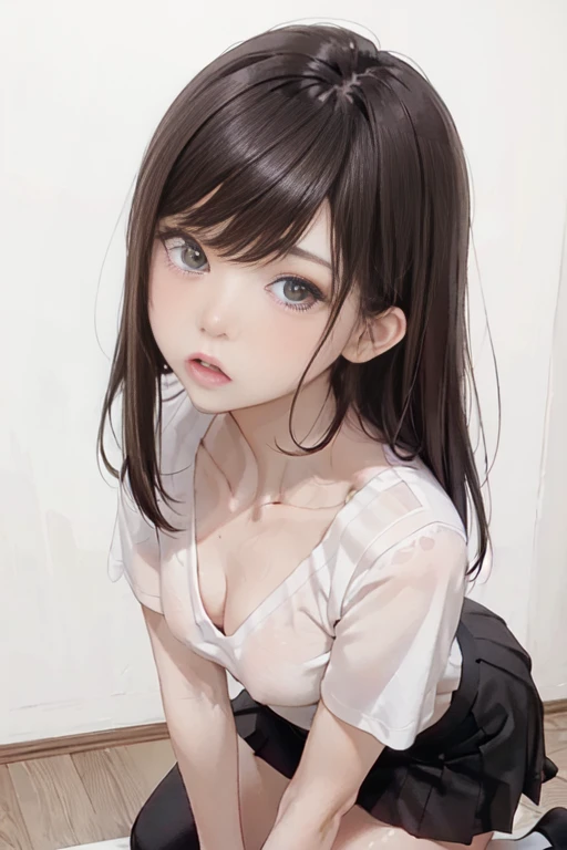 (Highest quality)), ((masterpiece)), (detailed), Natural light，Perfect Anatomy，(((A Cute High School Girl，Wearing a white open collar shirt and black skirt 1.8))),Very sexy，A young woman with a baby face，Small breasts，とてもSmall breasts，Woman squatting with ...