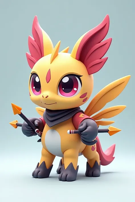 A small Chibi baby humaniod creature.
 Appearance: a centaur , half horse half man. With wings. Big anime eyes, holding a duel arrows in each hand . Looks like a ninja
 Style : cel shaded , 3d , anime, Full-body,  t pose.
This is a digimon 