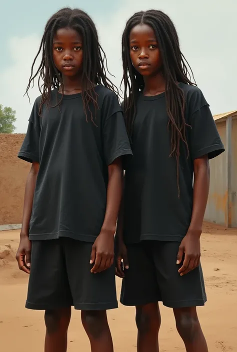 An African teenage twin boys with long straight hair, a big  and black top and short trouser, realistic paint 