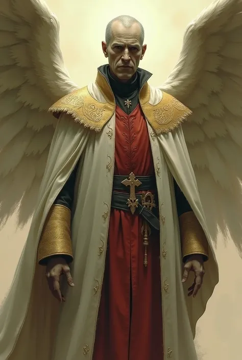 Draw Lucifer wearing priest clothes, without numbers and in black colors, offwhite, yellow and red