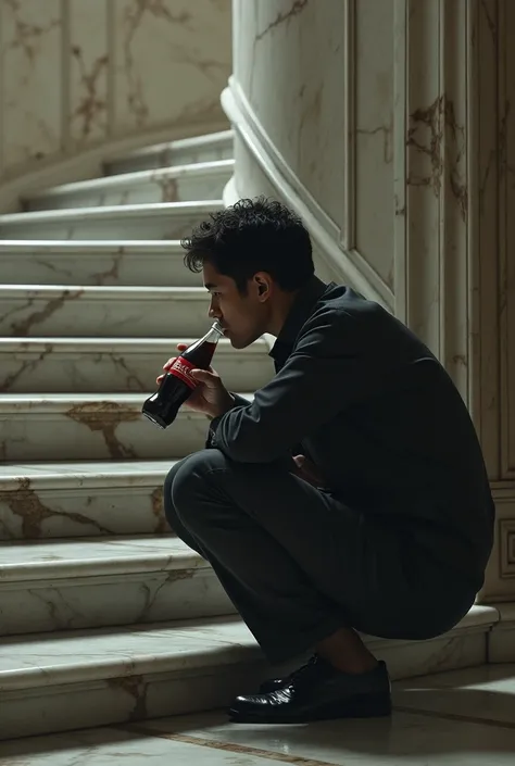 someone drinking Coca-Cola hunched over with a marble staircase in front of them, From a profile perspective