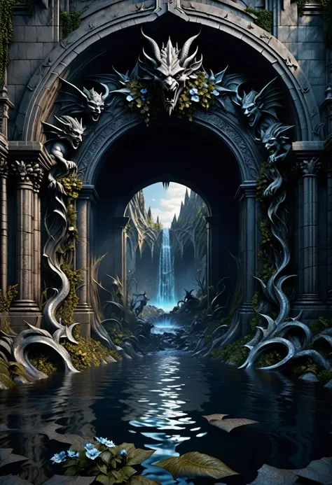 a demonic portal to hell, an entrance to the underworld, gargoyles, blue sky, silver plants and flowers, magical forest, mystical water and river, magical symbols and runes, the 7 deadly sins, hell, demons, fallen angels, best quality, 8k, hyperdetailed, p...