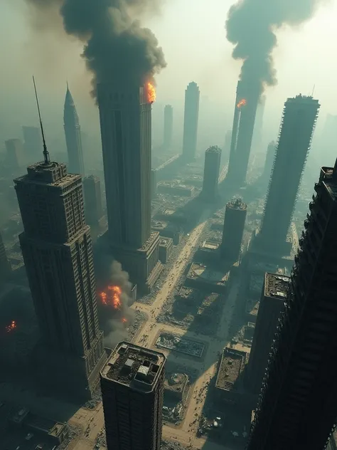 Visuals: A sweeping aerial shot over a devastated city. Skyscrapers lie in ruins, smoke billows from fires, and the sky is a murky gray.