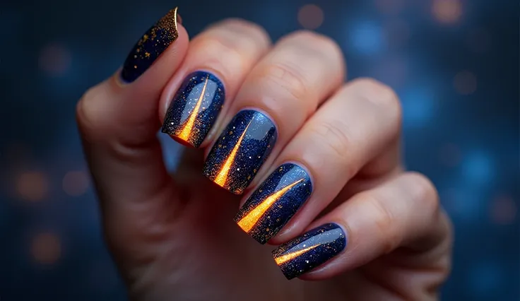 **Meteor Shower Nail Art:** The nails depict a meteor shower streaking across a dark night sky, with glowing trails of light in bright colors like orange, yellow, and blue. The background continues the celestial theme, with subtle stars and a soft gradient...