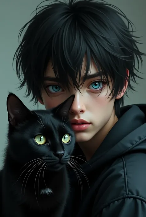 A teenage white male with black hair and heterochromatic eyes, one blue and the other green, with a black cat with heterochromatic eyes, one blue and the other green.