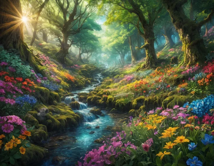 8k, 超High resolution, High resolution, Cinematic, Cinematic image, Intricate details, Realistic, photograph,

Fantasy art style, mysterious, forest、Shade、動物たちが住むforest、Many flowers are blooming、Sunlight filtering through the trees、stream、

Vibrant Style, F...