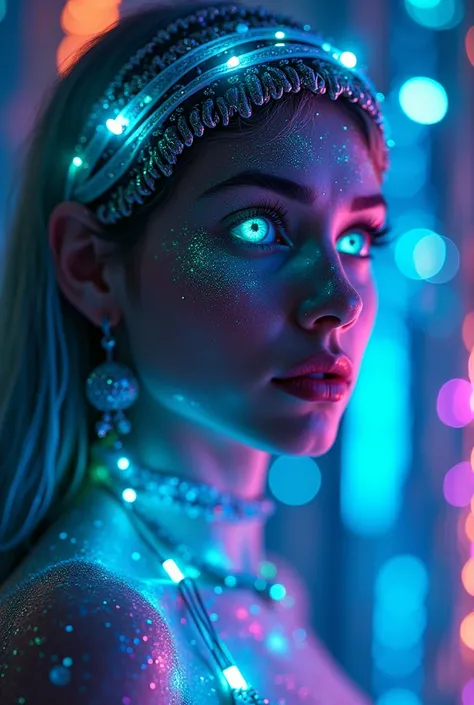 portrait | wide angle shot of eyes off to one side of frame, lucid dream-like naked woman, looking off in distance ::8 style | daydreampunk with glowing skin and eyes, styled in headdress, beautiful, she is dripping in neon lights, very colorful blue, gree...