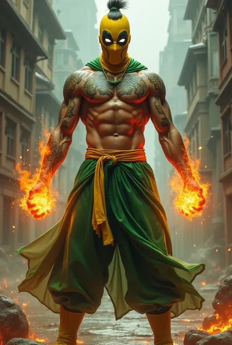 1man, shirtless, martial arts, yellow upper half face mask, white eye patterns with black outline , muscular, green costume, yellow belt and boots, burning fists, dragon tatto, mystical city background