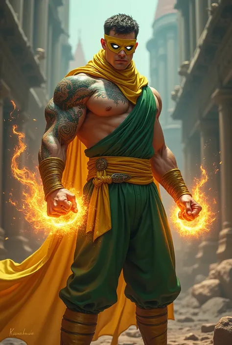 1man, shirtless, martial arts, yellow upper half face mask, white eye patterns with black outline , muscular, green costume, yellow belt and boots, burning fists, dragon tatto, mystical city background