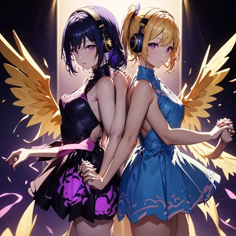 ((Highest quality)), (detailed), Holding hands and standing back to back, dark blue hair, short hair, long bangs, large chest, purple eyes, white headphones, large wings, long side ponytail, flames, average size, small chest, long blonde hair, purple eyes、...