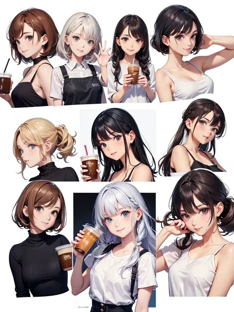 high resolution,Perfect Anatomy,Accurate anatomy,Im holding an iced coffee and drinking it.,Trending Hairstyles,Trendy hair color,Trending fashion,((White Background)),Various poses,smile,はにかむsmile,恥ずかしそうなsmile