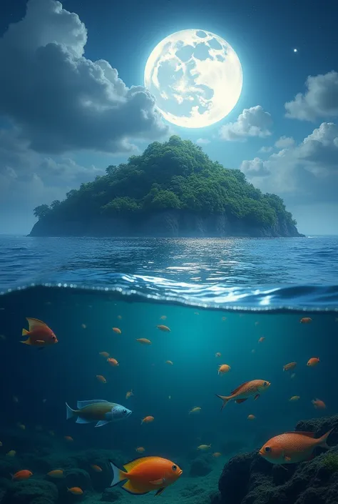 (photorealism:1.2), beautifull island in night Moon ,with fish in Sea  size  9:16
