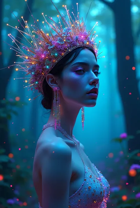 full body portrait | wide angle shot of eyes off to one side of frame, lucid dream-like naked woman, looking off in distance ::8 style | daydreampunk with glowing skin and eyes, styled in headdress, beautiful, she is dripping in neon lights, very colorful ...