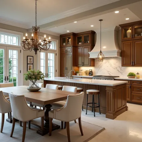 Create me a super rich and luxurious kitchen with beautiful seating areas for family and a beautiful open kitchen, a bit more simple and beautiful. 