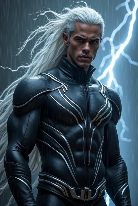 "A very realistic representation of Storm from Made of a leather-like material, with intricate silver details that emphasize his athletic physique. The suit is designed with elegant cuts that add a modern and sophisticated touch to his appearance, while ma...