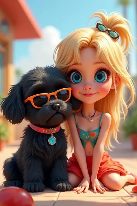 A cute black shih tzu puppy with big blue eyes wearing colorful collar and sunglasses, a cute blonde girl with big blue eyes with stylish clothes