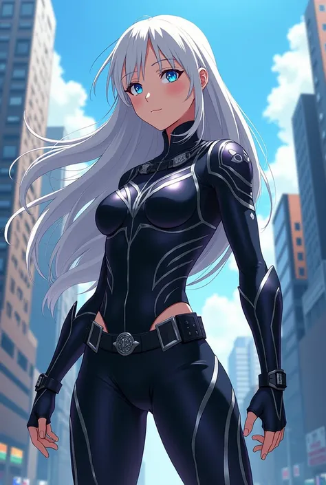 Boku no hero academia template a 16 year old girl with long white hair and blue eyes wearing a superhero uniform (one black)