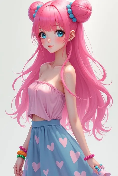 I have long mid thigh length bright pink wavy hair with bangs framing my face and falling over my jewel-blue eyes. I have long eyelashes and a pretty, cute, adorable and attractive face and mole under my left eye. My skin is pale and soft. I have a soft an...