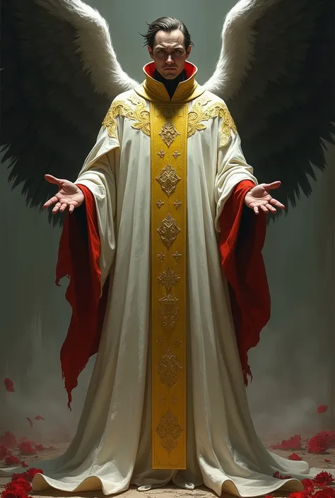 Draw Lucifer wearing priest clothes, without numbers and in black colors, offwhite, yellow and red