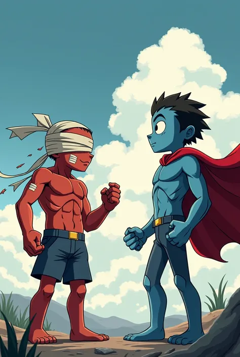 A red stick man with 3 bandages on his face and one covering his left eye, he is muscular , that it looks like a manga, and that the stick man appears in an epic scene and the clouds surround them. Make it anime version the style that it looks more like a ...