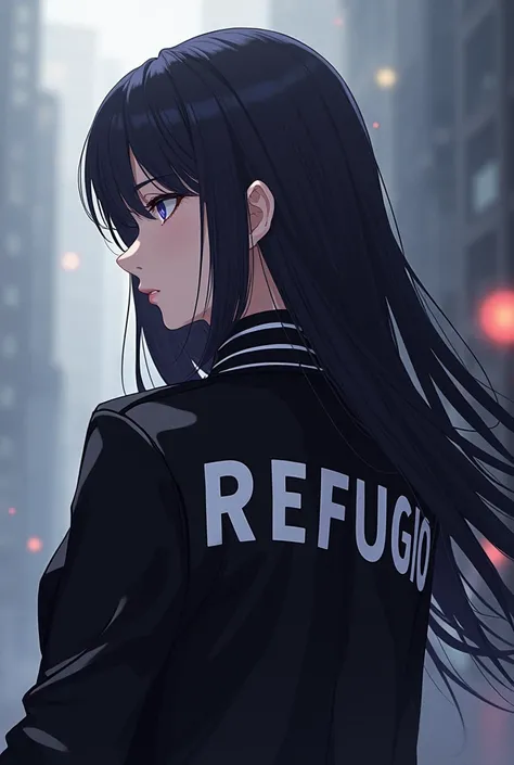 Anime woman with long hair no bangs facing back with side head to the right then wearing jacket with my last name REFUGIO