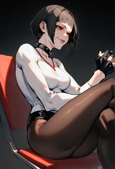 fully body,sitting on a chair,crossed legs, alone,short hair,work of art,face detailed,young fitness linda,Wearing black pantyhose,tight white sweater with collar ,neckleace,evil smile,red eyes glowing,labiaa,eye shadow,bangs on the eyes,,sexy ass,Perfect ...