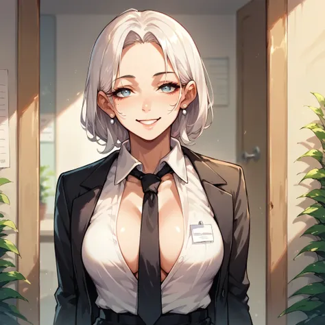 throw, white woman in a black suit and black tie, She is opening the door of an office with documents in her hands., She has a smile on her face 