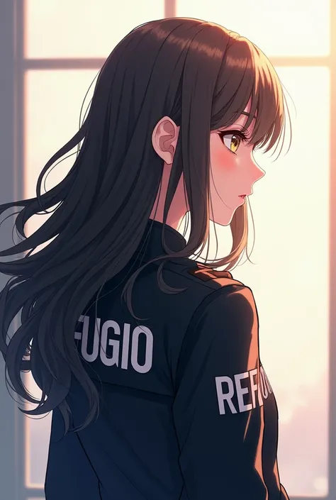 Anime woman with long hair no bangs facing back with side head to the right then wearing jacket with my last name REFUGIO