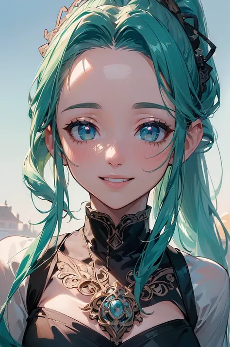 ((((High resolution, Intricate details, masterpiece, 8k)))), (((beautiful, Lots of races))), ((One Woman, face close up, Smiling)), (Aqua hair, Forehead, Long Hair, ponytail, hair ornaments, Slender), from front, looking at viewer, look at viewer, town, ni...