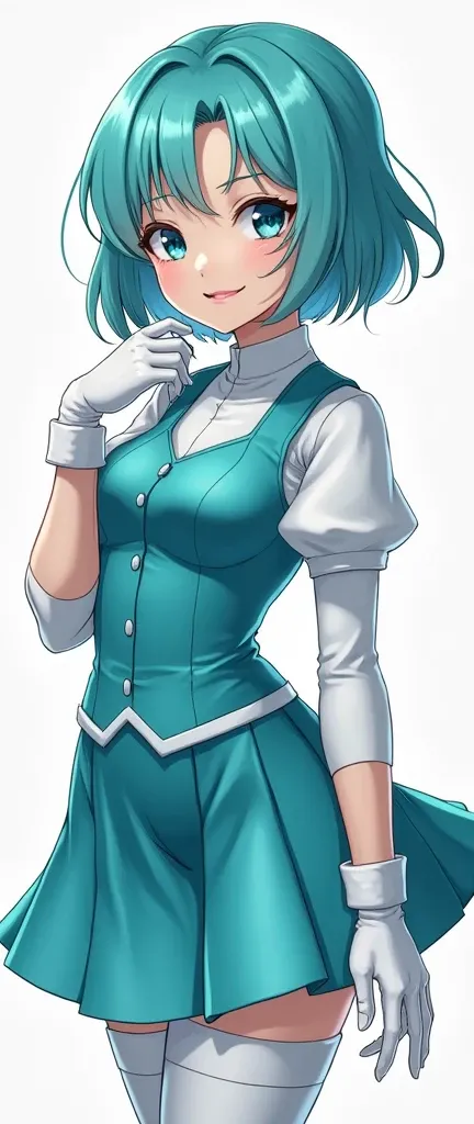 (1girl,solo),(nico),turquoise short hair,blue eyes,spandex clothes, (turquoise costume), super hero suit,vest,tight skirt,white gloves,white neck,mesh sleeves,Mesh pantyhose,smile,knee boots,shiny clothes,ultra-detailed,sharp focus,aesthetic,(best quality)