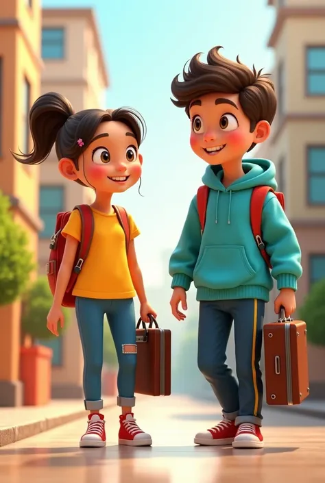 Image of an animated girl and boy in a school uniform, wearing a yellow t-shirt and a turquoise blue sweatshirt with a yellow stripe on one side of the pants, carrying a briefcase and school supplies for their return to school.
