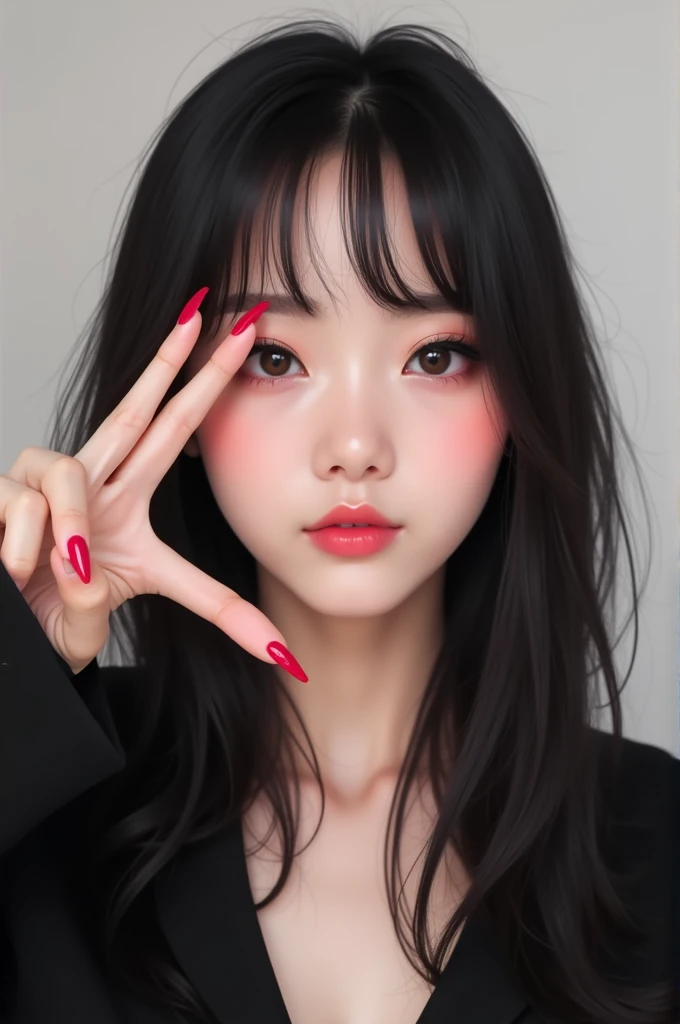 Asian girl that looks like karina from aespa posing with a peace sign wearing egirl makeup