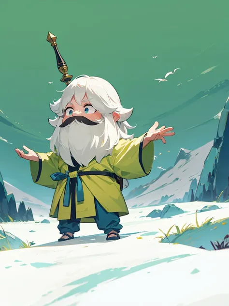 Highest quality、high resolution、High detail、Wizard、Gray-haired all-back、Cool Uncle、whole body、Long white beard、Green robe、Cane、Chibi Character