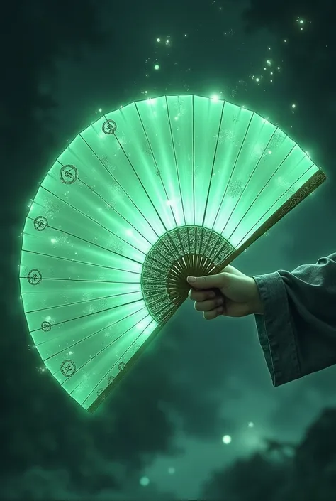 In an anime-style scene, the light green war fan glows with a mystical aura, similar to the Translated Dream Sword. The fan’s surface shimmers with an ethereal light, and delicate, ancient symbols are etched into its ribs, glowing softly with dream-like en...