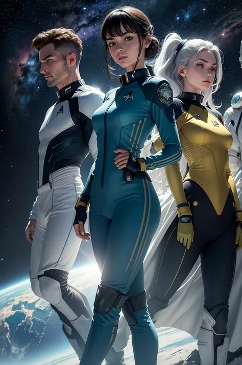 Create a unique uniform for a team of space explorers similar to the uniforms from the franchise "star"trek" using golden colors, Silver and blue for men, women and green and blue aliens