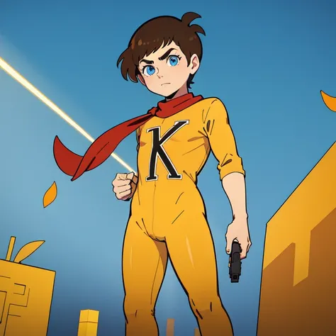 1boy, solo, brown hair, short hair, blue eyes, red scarf,yellow suit, tight bodysuit, ken,  nipples, standing,holding a laser gu...