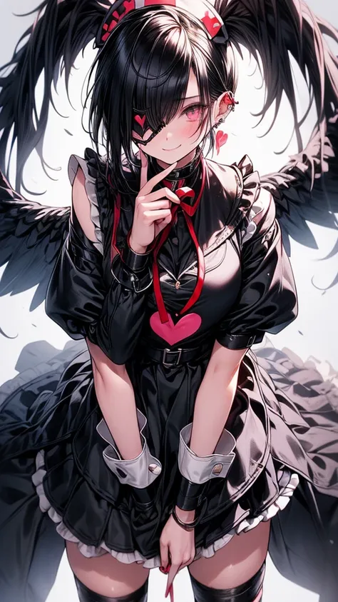 A beautiful girl wearing a black high-necked punk nurse outfit（）She has short black hair and wears a heart-shaped eyepatch on one eye.