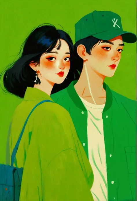 Man in a Green Hat Image、Woman in a Green Jacket Oil Painting, The Art of Mathematics by Li Song, cg social hot spots, The Art of Mathematics, Illustration style, Otto Schmidt, High-quality illustrations, Trending on artstration, A beautiful artistic illus...