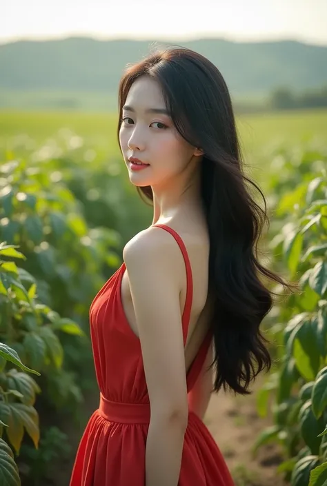 close-up of beautiful Korean woman, ) white skin) long black hair) walking in the tomato plantation in the morning), rice field background, UHD