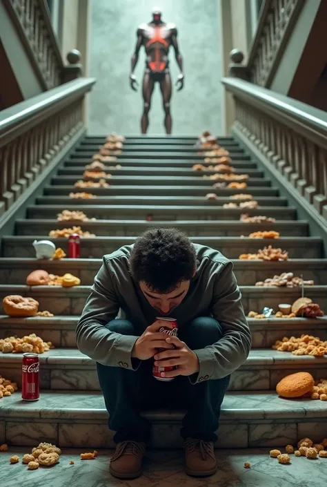 Someone drinking Coca-Cola hunched over with marble steps in front of them., with junk food on each, with an image of cancer at the top of the stairs, wide-angle image