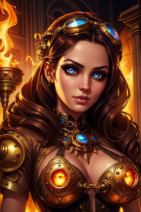 evil steampunk pyromancer woman,1 woman,beautiful detailed eyes,beautiful detailed lips,extremely detailed face and eyes,long eyelashes,steampunk outfit,intricate steampunk machinery,glowing magic effects,steam punk goggles,mechanical arms,magic flames,dra...